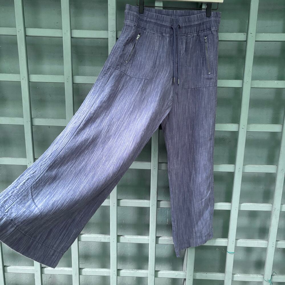 Athleta Cabo Linen Blue Textured Wide Leg Pants Sz Small coastal minimalist